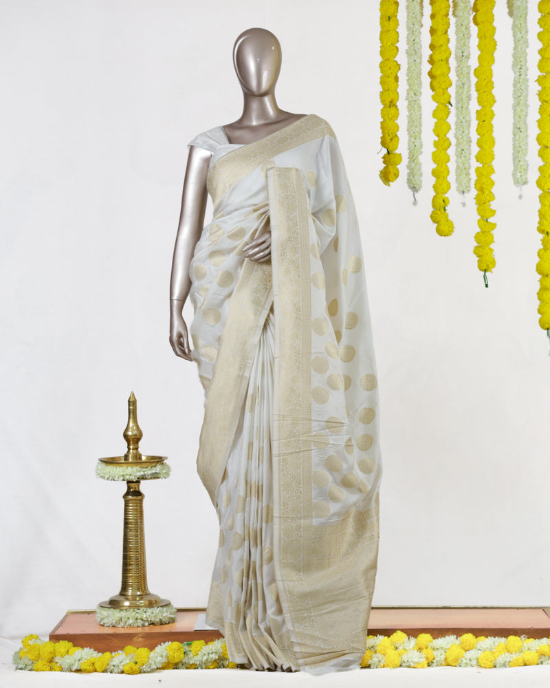 Ivory Crepe Silk Banarasi Polka Dot Onam Saree