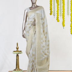 Ivory Crepe Silk Banarasi Polka Dot Onam Saree