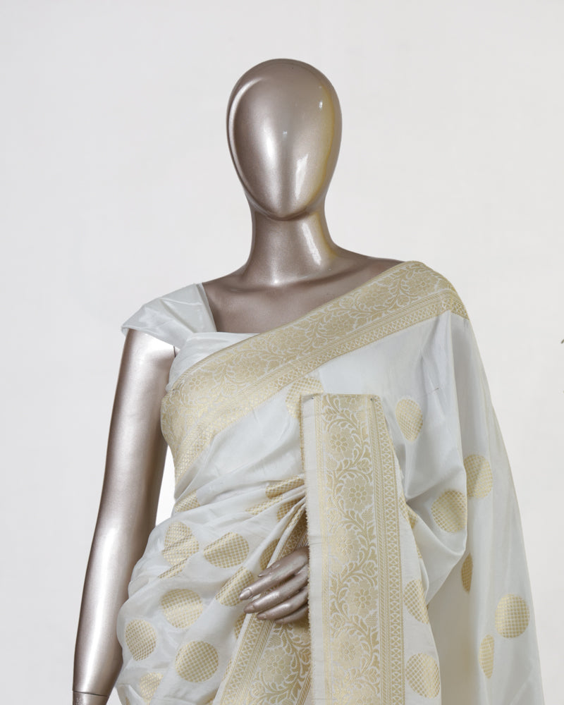 Ivory Crepe Silk Banarasi Polka Dot Onam Saree