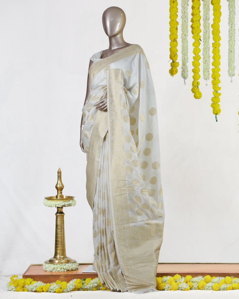 Ivory Crepe Silk Banarasi Polka Dot Onam Saree