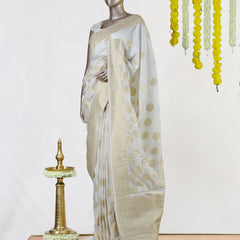 Ivory Crepe Silk Banarasi Polka Dot Onam Saree