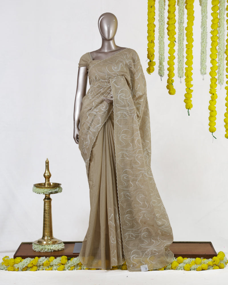 Beige Semi-Jute Embroidered Onam Saree