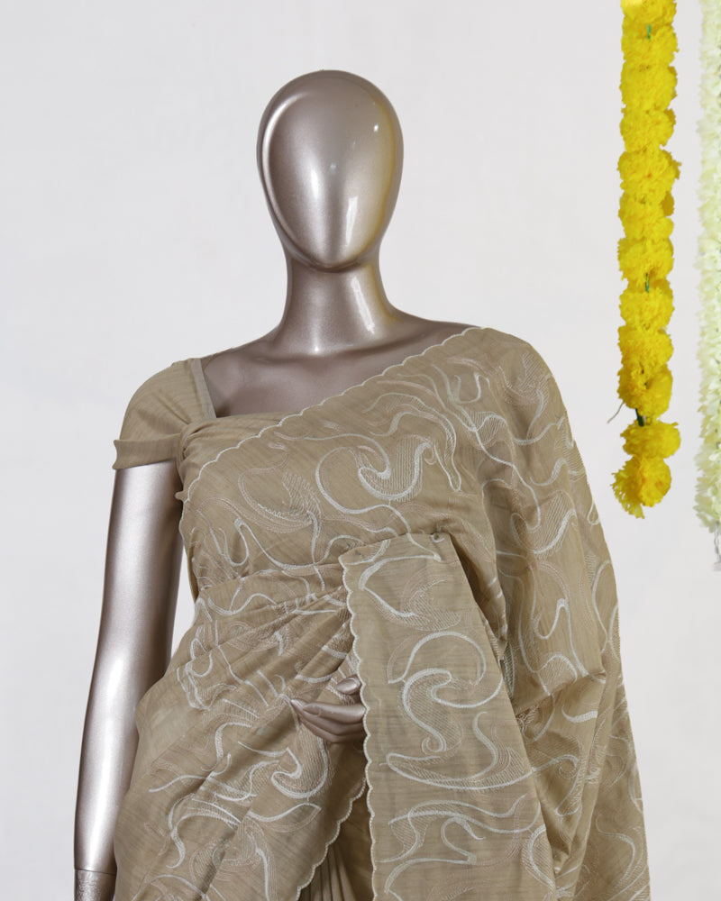 Beige Semi-Jute Embroidered Onam Saree