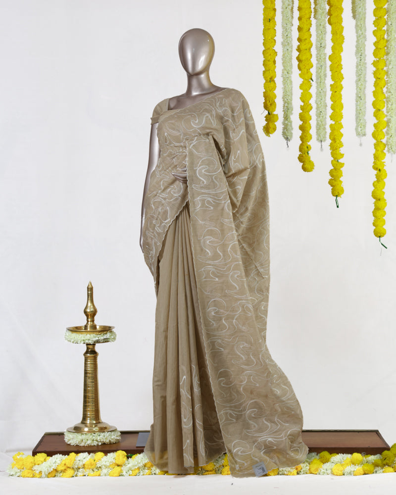 Beige Semi-Jute Embroidered Onam Saree