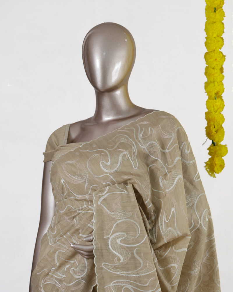 Beige Semi-Jute Embroidered Onam Saree