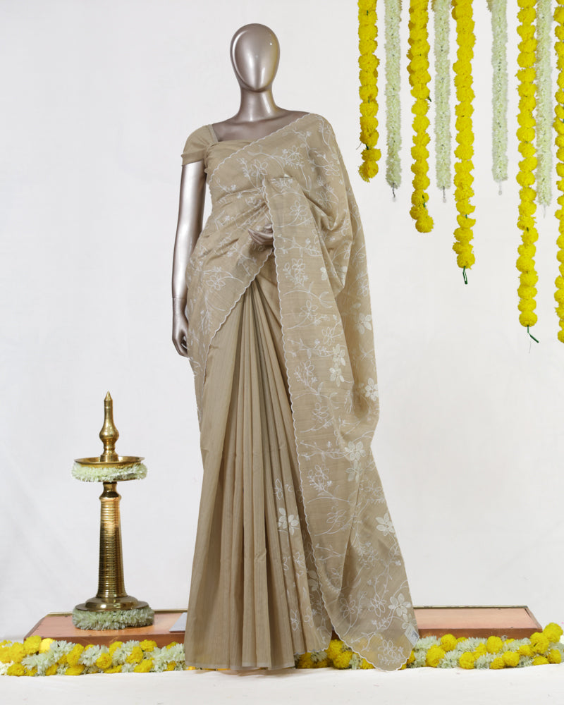 Beige Semi-Jute Floral Embroidered Onam Saree