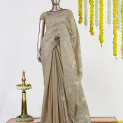 Beige Semi-Jute Floral Embroidered Onam Saree