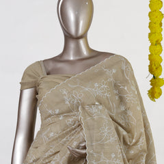 Beige Semi-Jute Floral Embroidered Onam Saree