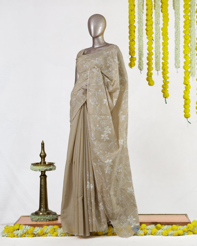 Beige Semi-Jute Floral Embroidered Onam Saree