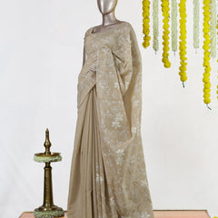 Beige Semi-Jute Floral Embroidered Onam Saree
