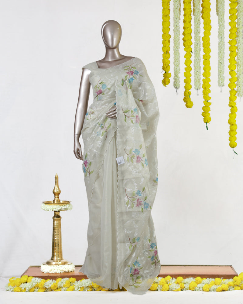 Ivory Tissue Kota Floral Embroidered Onam Saree