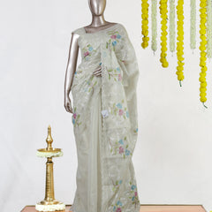 Ivory Tissue Kota Floral Embroidered Onam Saree
