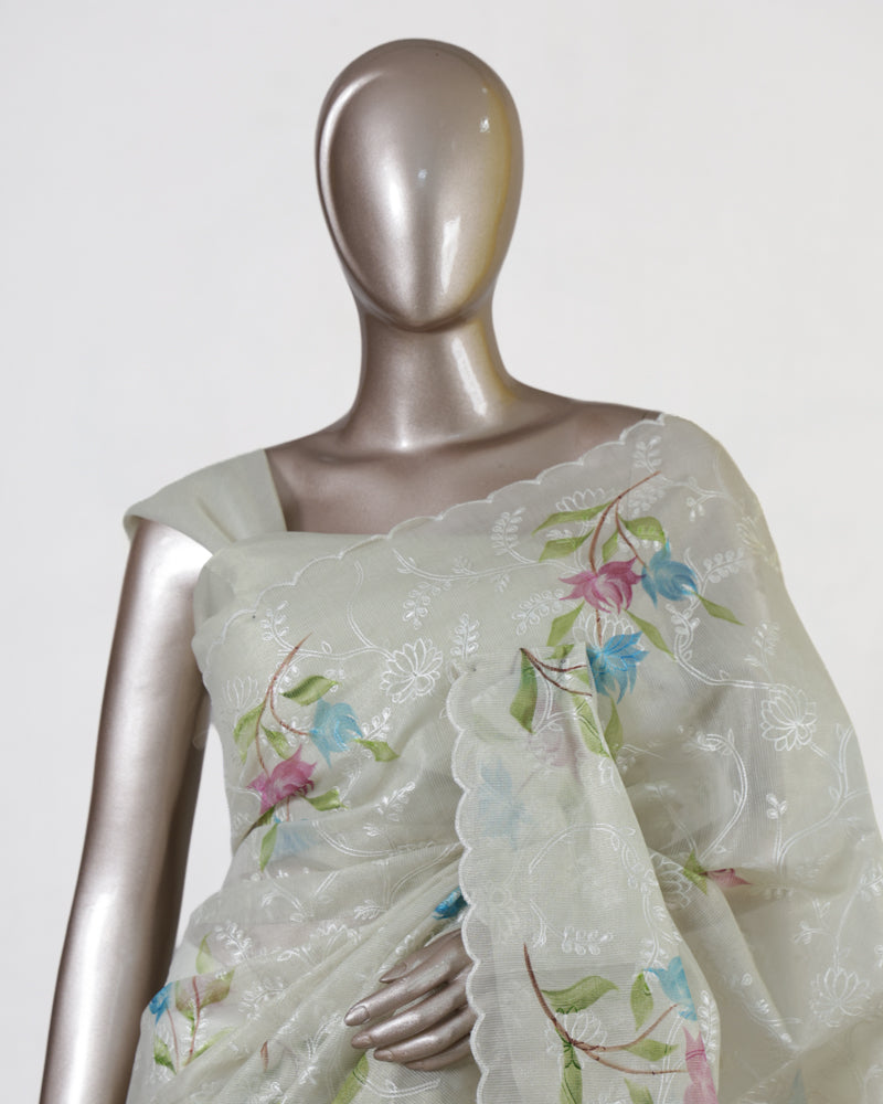 Ivory Tissue Kota Floral Embroidered Onam Saree