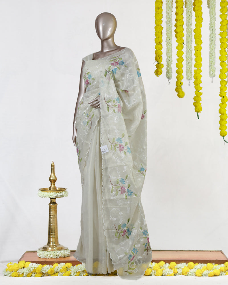 Ivory Tissue Kota Floral Embroidered Onam Saree