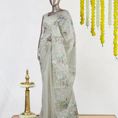 Ivory Tissue Kota Floral Embroidered Onam Saree