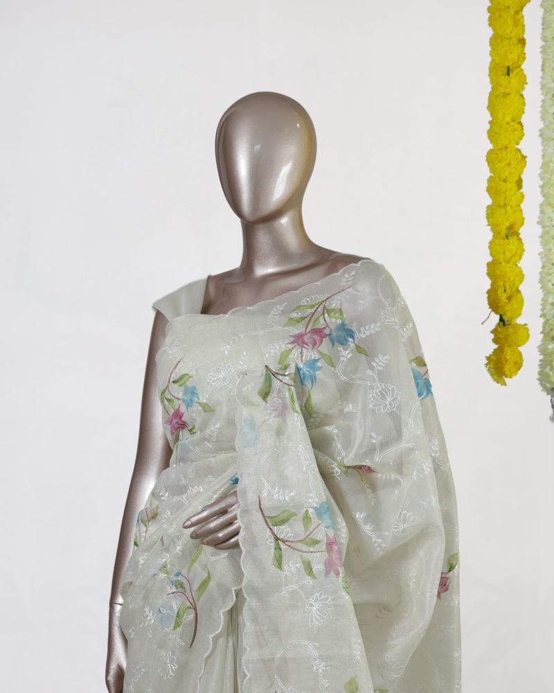 Ivory Tissue Kota Floral Embroidered Onam Saree