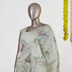 Ivory Tissue Kota Floral Embroidered Onam Saree