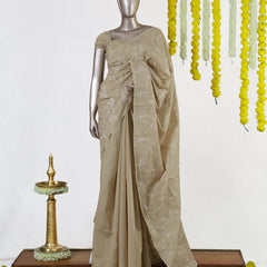 Beige Semi-Jute Floral Embroidered Onam Saree