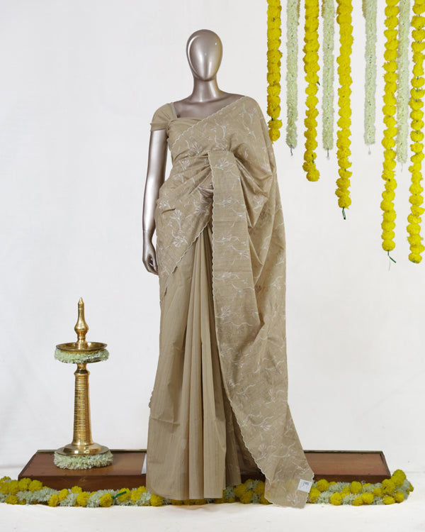 Beige Semi-Jute Floral Embroidered Onam Saree