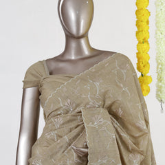 Beige Semi-Jute Floral Embroidered Onam Saree