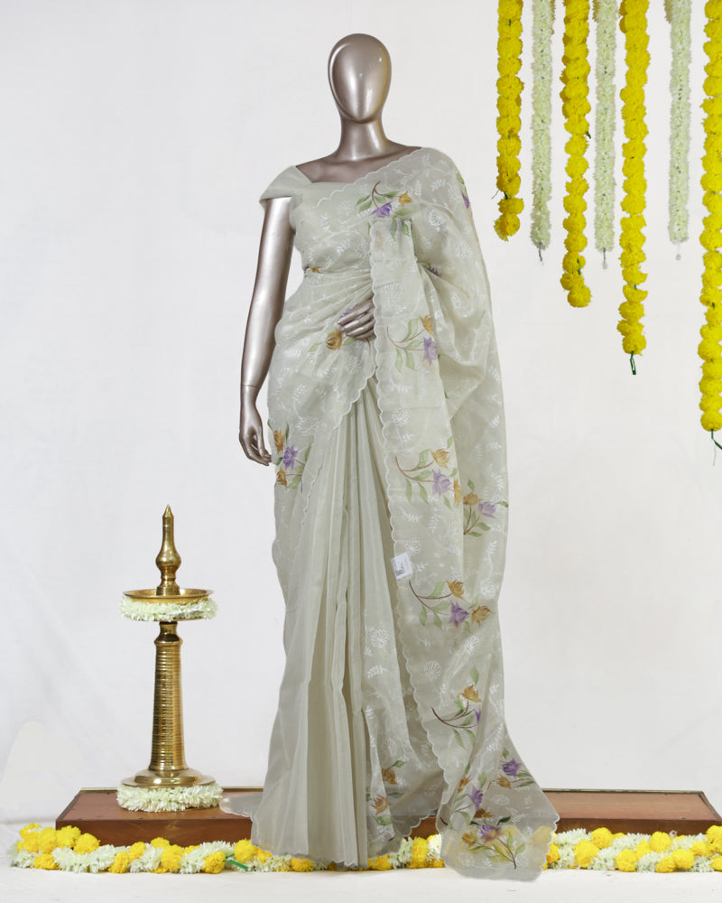 Ivory Tissue Kota Floral Embroidered Onam Saree
