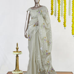 Ivory Tissue Kota Floral Embroidered Onam Saree