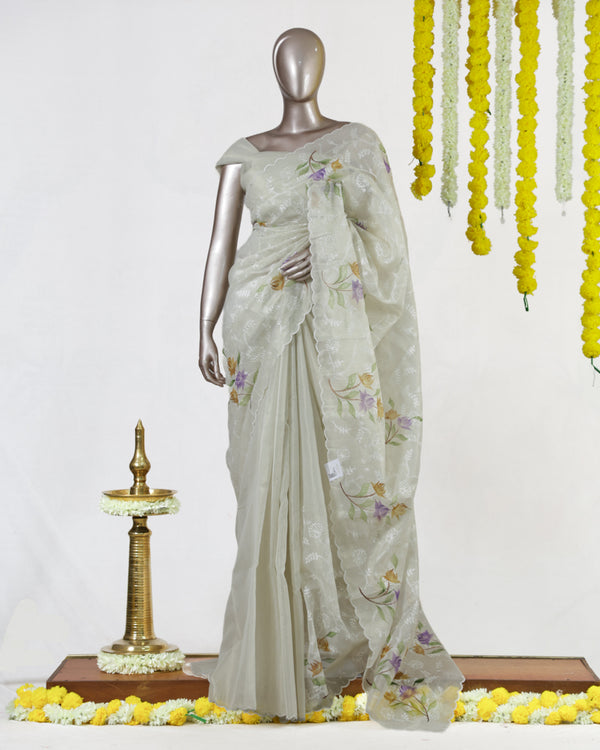 Ivory Tissue Kota Floral Embroidered Onam Saree