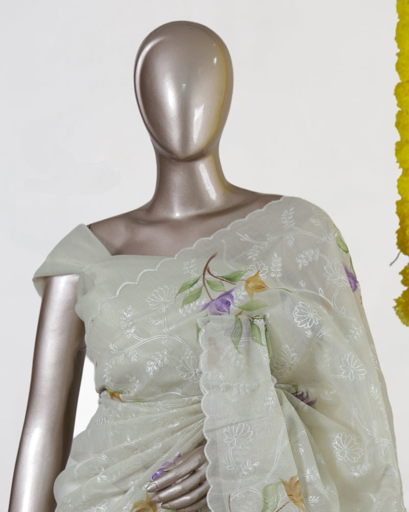 Ivory Tissue Kota Floral Embroidered Onam Saree