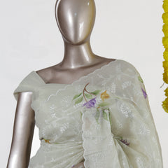 Ivory Tissue Kota Floral Embroidered Onam Saree