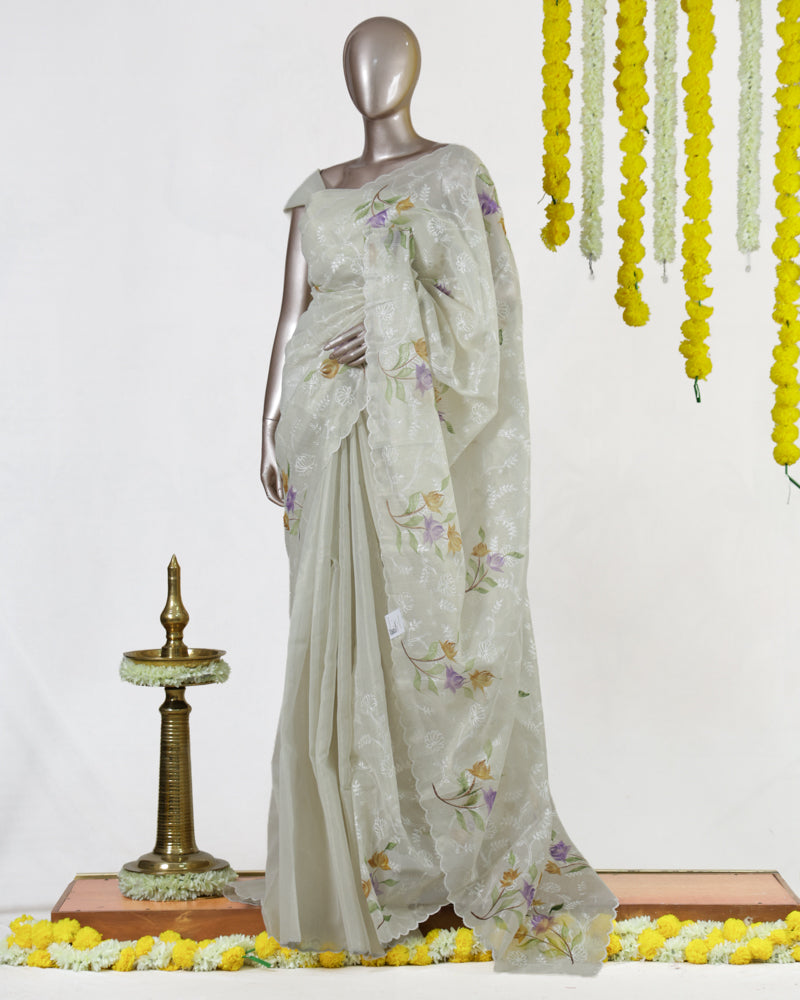 Ivory Tissue Kota Floral Embroidered Onam Saree