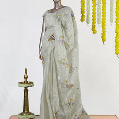 Ivory Tissue Kota Floral Embroidered Onam Saree