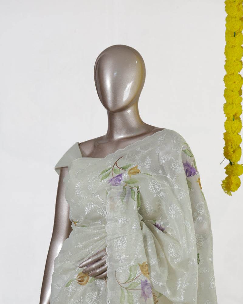 Ivory Tissue Kota Floral Embroidered Onam Saree