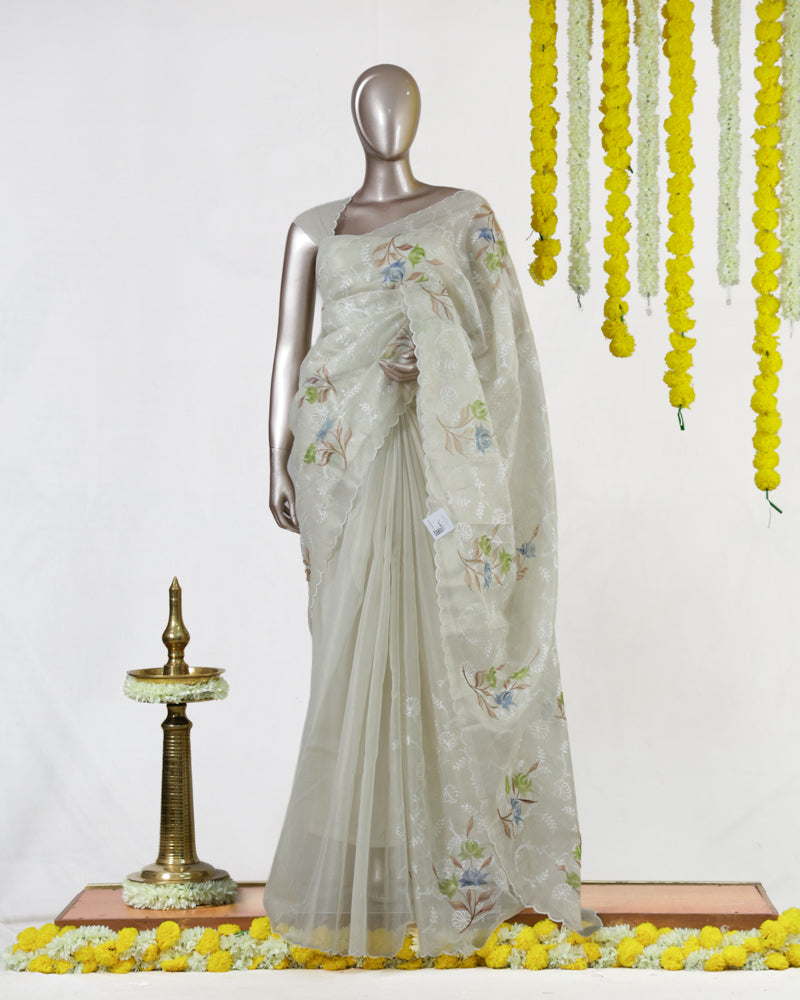 Ivory Tissue Kota Floral Embroidered Onam Saree