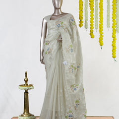 Ivory Tissue Kota Floral Embroidered Onam Saree