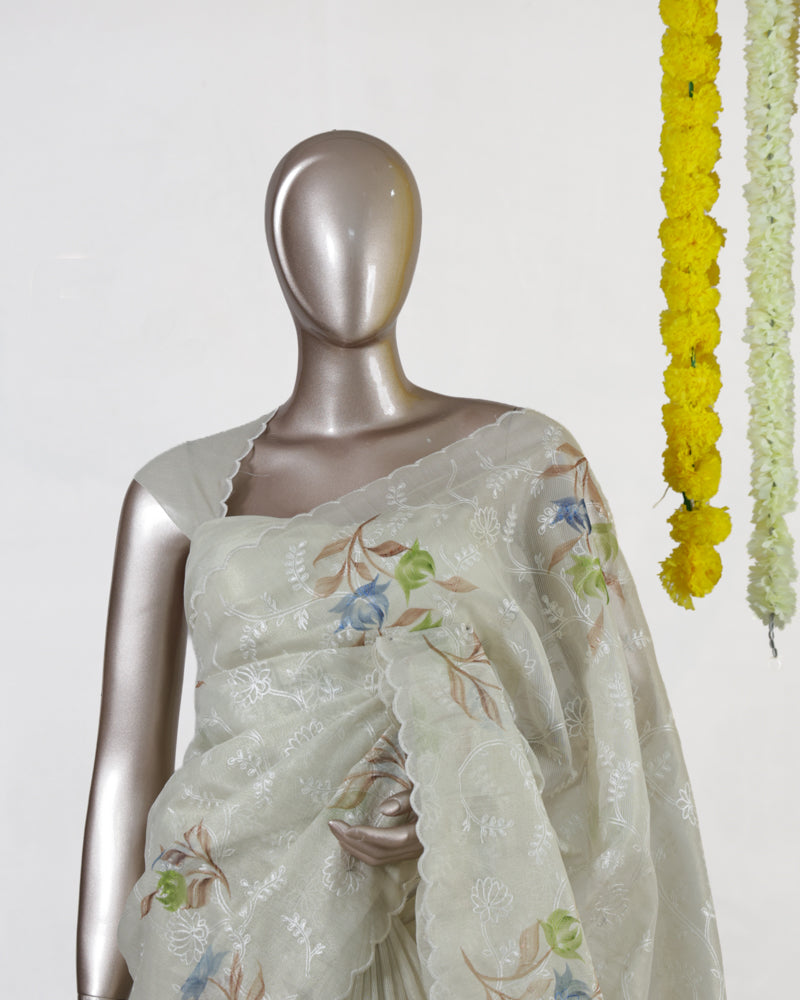 Ivory Tissue Kota Floral Embroidered Onam Saree