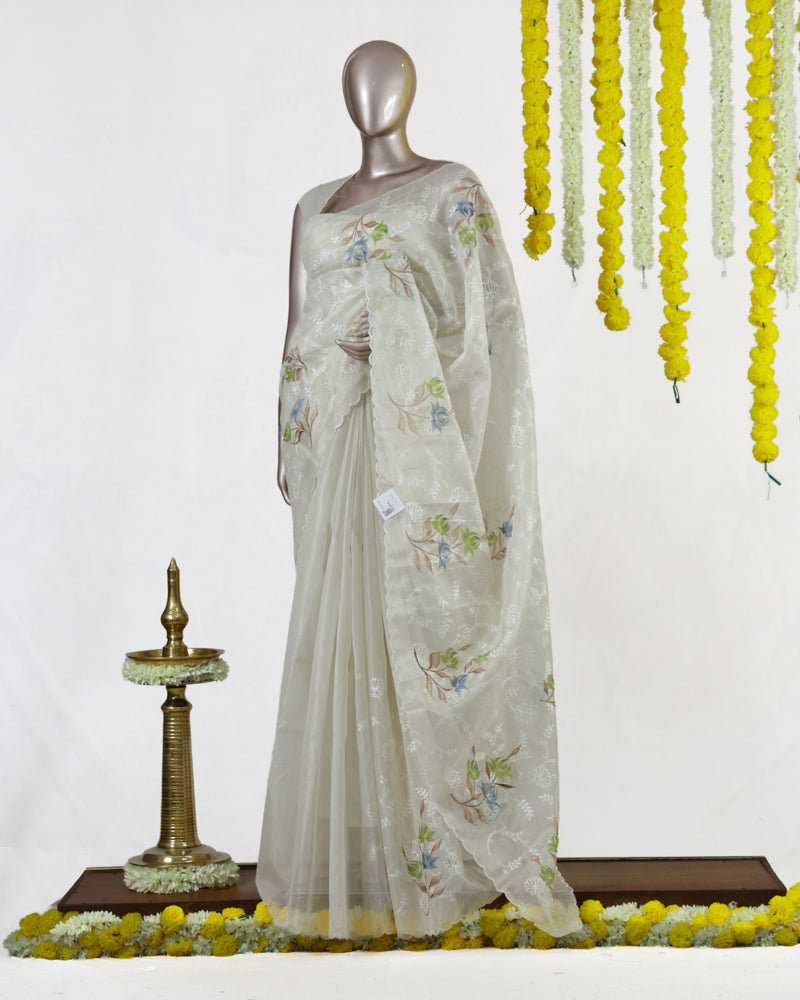 Ivory Tissue Kota Floral Embroidered Onam Saree