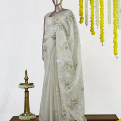 Ivory Tissue Kota Floral Embroidered Onam Saree