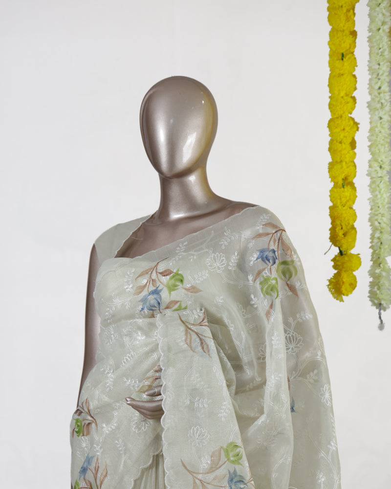 Ivory Tissue Kota Floral Embroidered Onam Saree