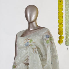 Ivory Tissue Kota Floral Embroidered Onam Saree