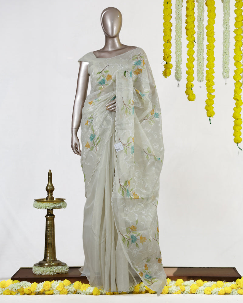 Ivory Tissue Kota Floral Embroidered Onam Saree
