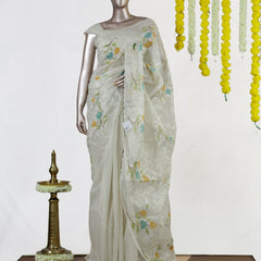 Ivory Tissue Kota Floral Embroidered Onam Saree