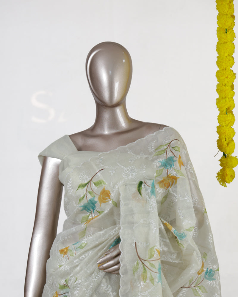 Ivory Tissue Kota Floral Embroidered Onam Saree