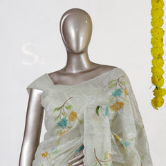 Ivory Tissue Kota Floral Embroidered Onam Saree