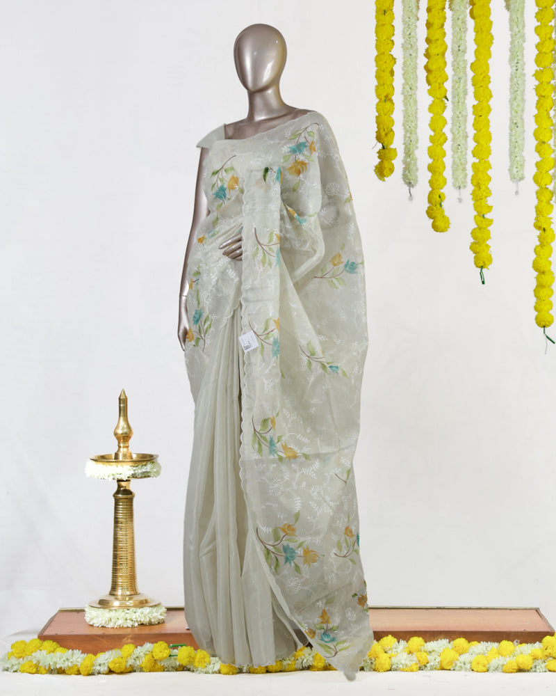 Ivory Tissue Kota Floral Embroidered Onam Saree