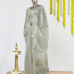 Ivory Tissue Kota Floral Embroidered Onam Saree