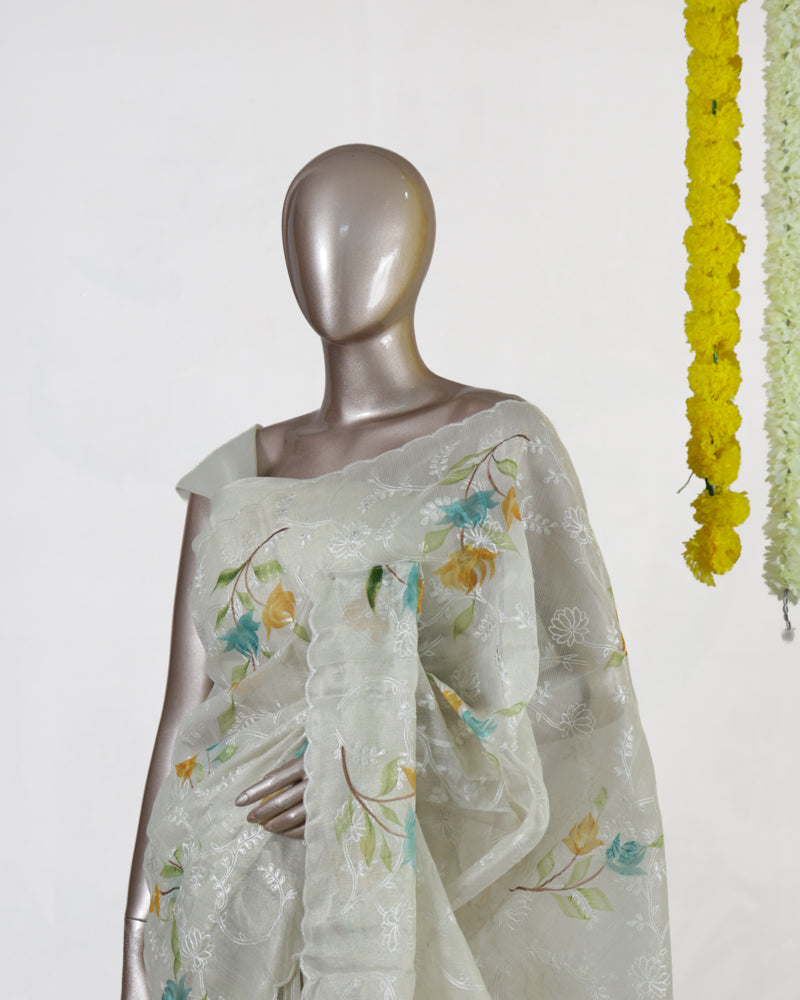 Ivory Tissue Kota Floral Embroidered Onam Saree
