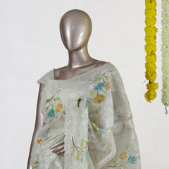 Ivory Tissue Kota Floral Embroidered Onam Saree