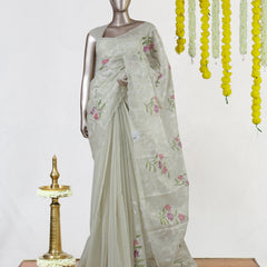 Ivory Tissue Kota Pink Floral Embroidered Onam Saree