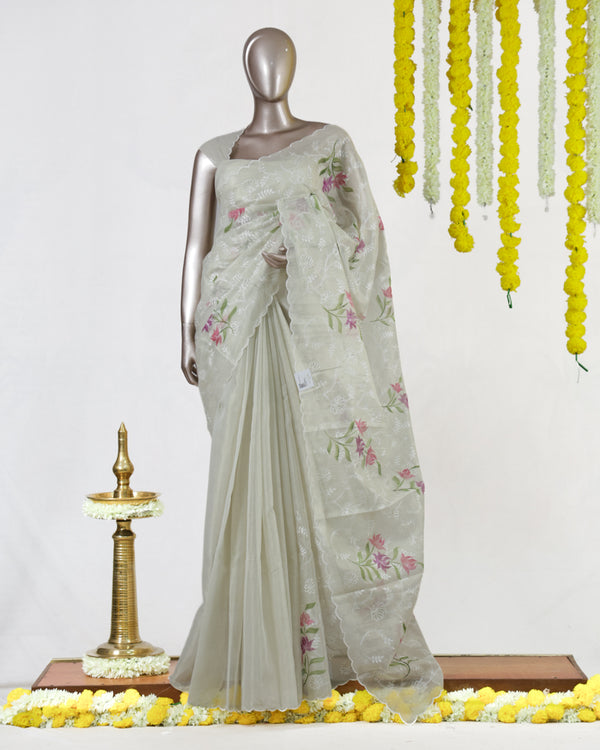 Ivory Tissue Kota Pink Floral Embroidered Onam Saree