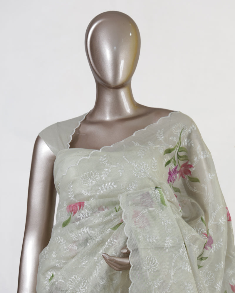 Ivory Tissue Kota Pink Floral Embroidered Onam Saree